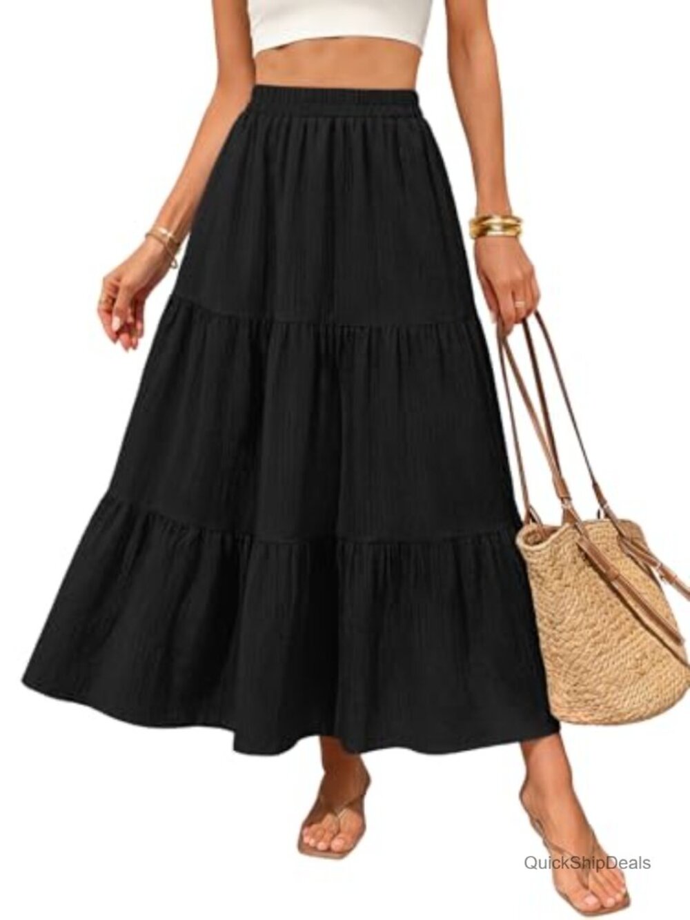 Flowy A-Line Maxi Skirt High Waist Tiered Textured Beach Vacation